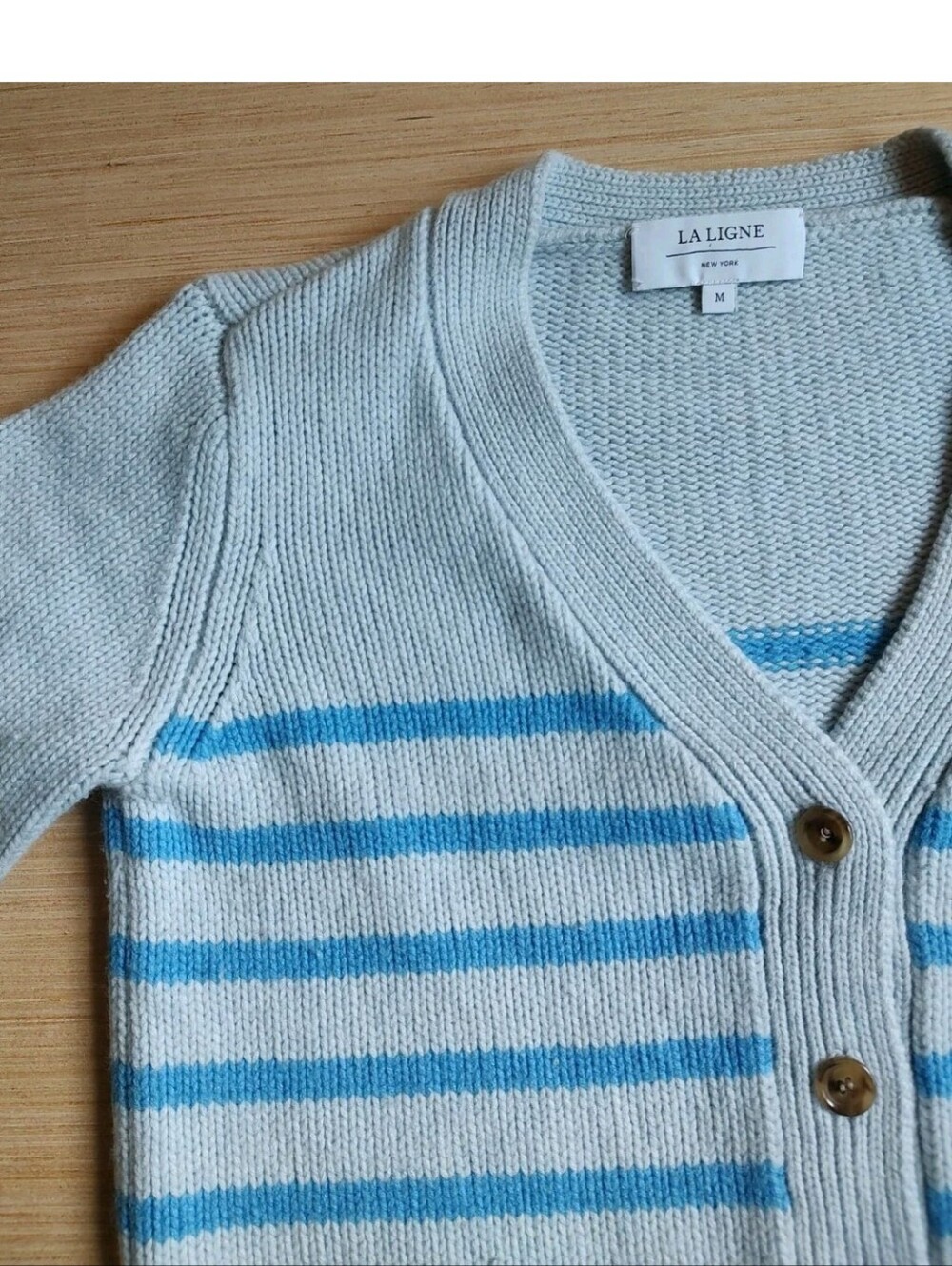 LA Ligne Mini Marin Striped Cardigan Wool Cashmere Blue Buttons Chunky Crop M - Picture 11 of 16